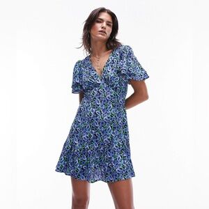 Topshop: Bella Tea Dress Blue Floral Angel Sleeve Size US 6